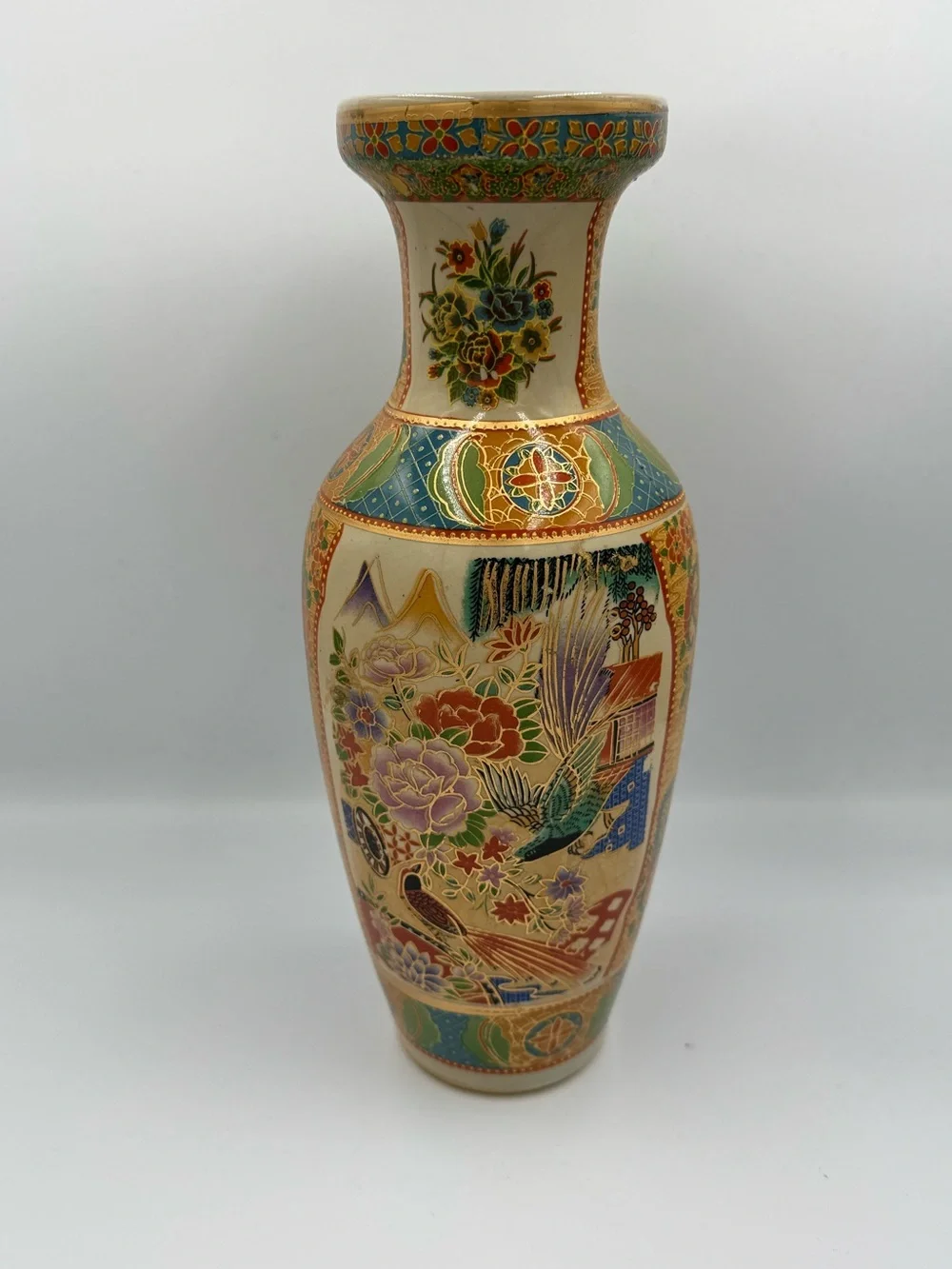 Large Vintage Vase Made in China Asian Bird Flowers Gold Moriage Beautiful